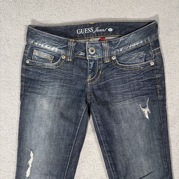 Guess Jeans Women Size 27 Daredevil Boot Cut Flare Blue Denim Jeans Distress Y2K - Picture 2 of 16